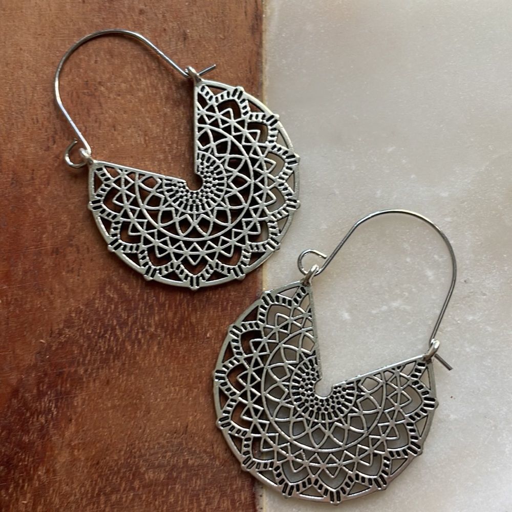 Silver Basketweave Hoop Earrings - Picture 4 of 10
